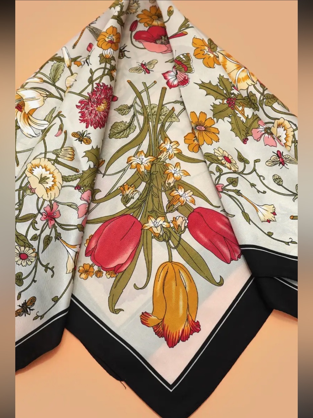 🌷 Large Floral Square Scarf | Silky Feel Bandana | Tulip & Lily Print